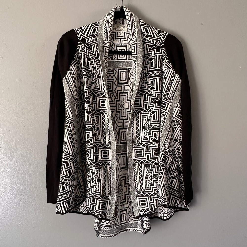Anthropologie Field Flower Open Front Cardigan Sweater‎ | Black + White